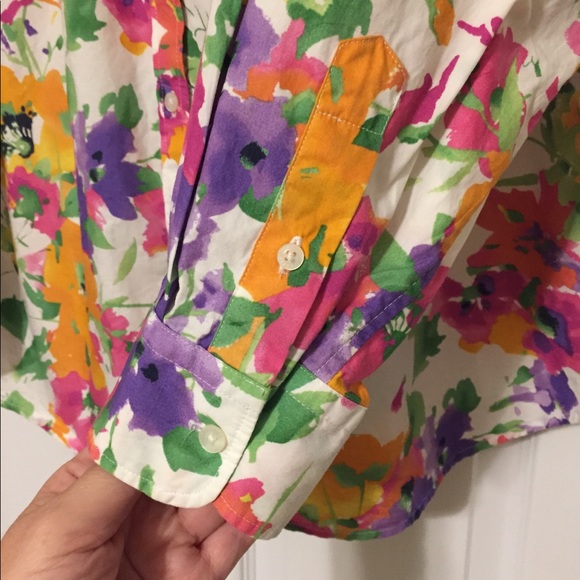 Chaps Bold Flower Print Button Down Top - Picture 3 of 6